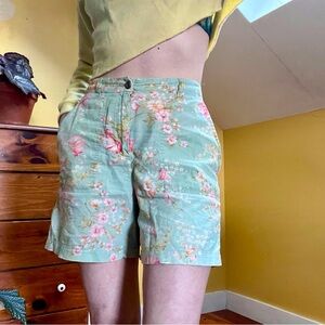Vintage Women Shorts 6 Floral High Waist Pockets Cotton Linen Casual Tea Garden